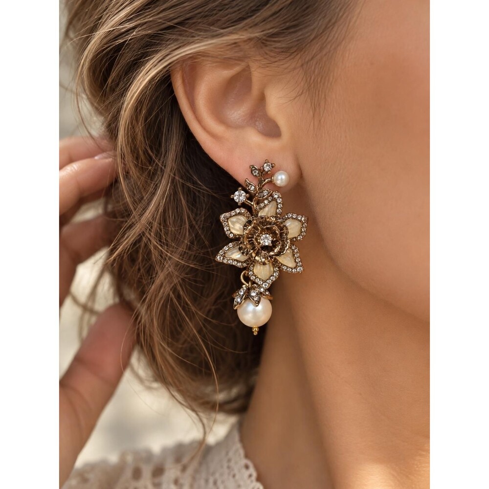 Vintage Floral Pearl Drop Earrings - Rhinestone Statement Earrings